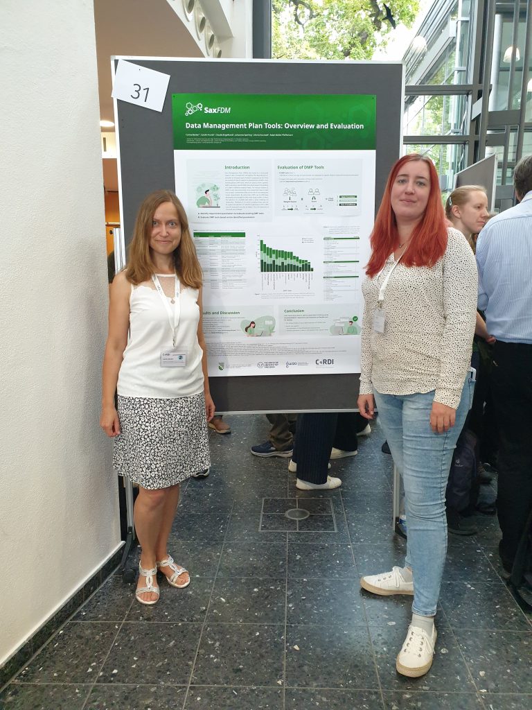 Die Mitarbeiter:innen des SaxFDM-DMP-Projekts stehen auf der CoRDI vor ihrem Poster zum Thema "Data Management Tolols: Overview and Evaluation".